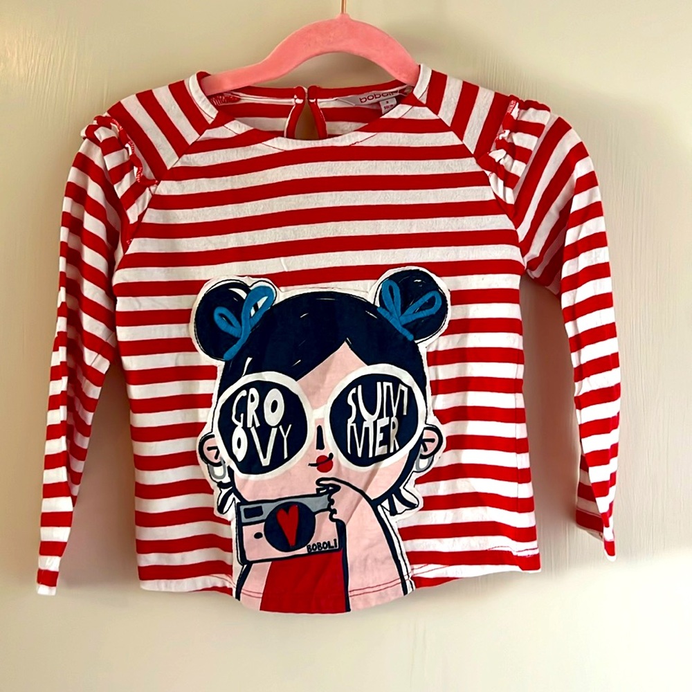 Spanish designer Boboli striped graphic long sleeve tee shirt, ruffle sleeves.